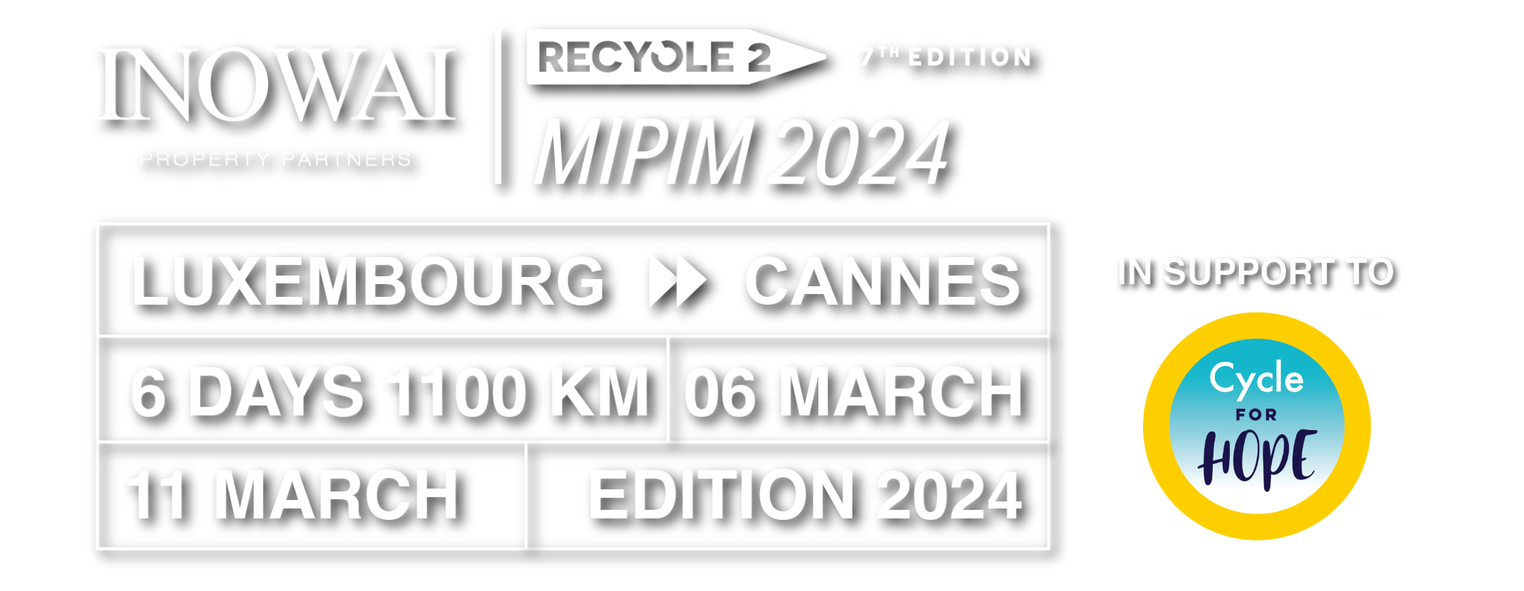 Mipim 2024, Luxembourg -> Cannes, 6 days 1100 km, 6 march to 11 march, in support to Cycle for Hope.